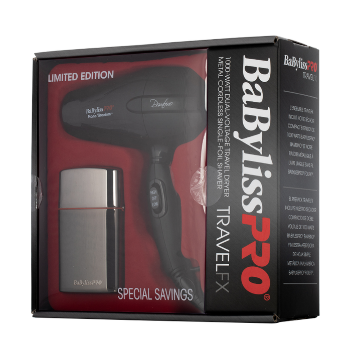 Babyliss Pro TravelFX 1000W Dual Voltage Travel Dryer & Single Foil Shaver Combo Pack - Box Front