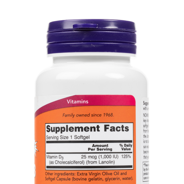 Now - High Potency Vitamin D-3 - Softgels - 1000IU - Supplement Facts