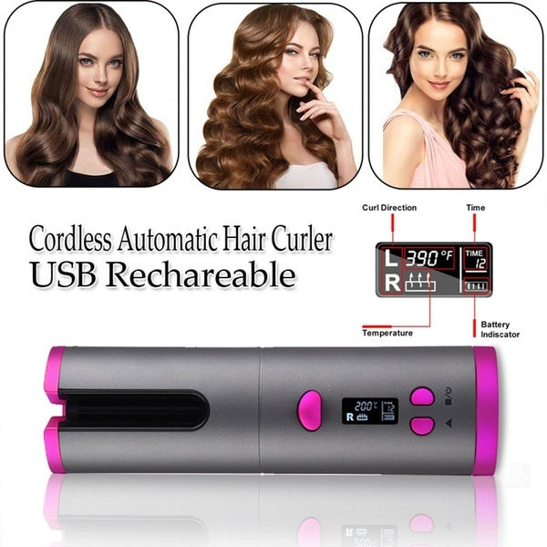 Cordless Automatic Rotating Hair Curler with LCD Screen