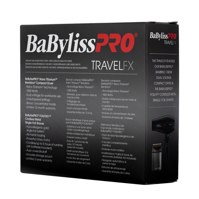 Babyliss Pro TravelFX 1000W Dual Voltage Travel Dryer & Single Foil Shaver Combo Pack - Box Back
