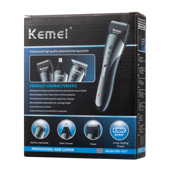 Kemei KM-1407 Professional Hair Clippers Trimmer Kit - Box Back