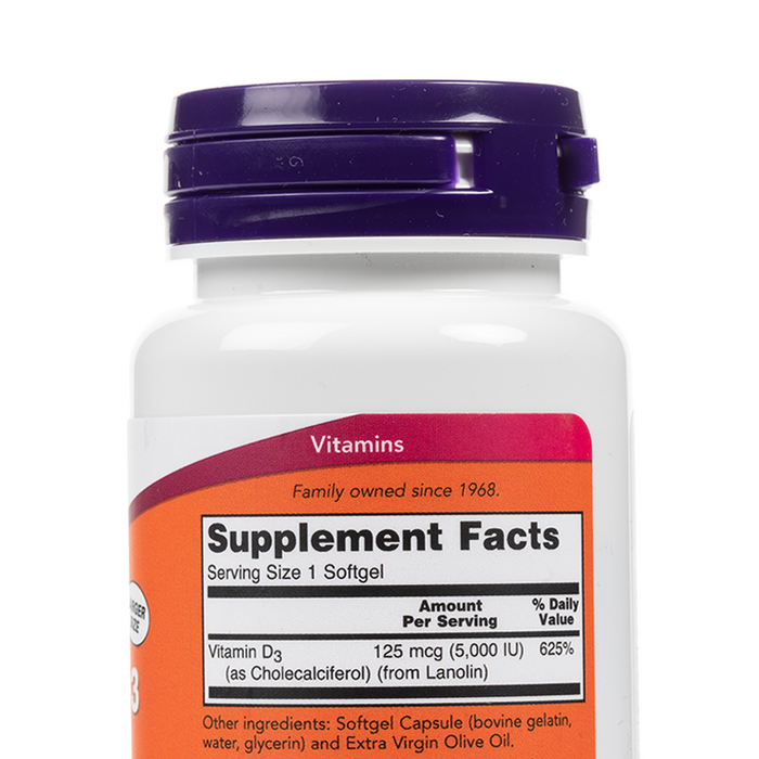 Now - High Potency Vitamin D-3 - Softgels - 5000IU - Supplement Facts