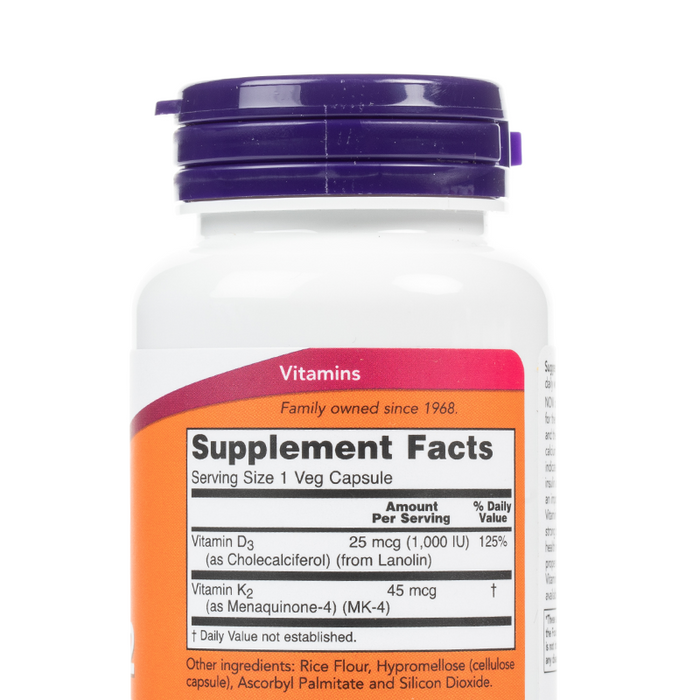 Now - Vitamin D-3 & K-2 - Veg Capsules - Supplement Facts