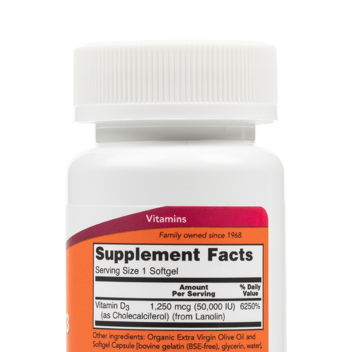 Now Foods - Vitamin D-3 50,000 IU Softgels - Supplement Facts