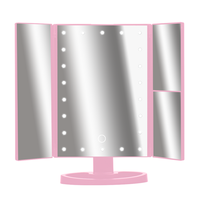 LED Tri-Fold 1X 3X 2X Magnifying Makeup Mirror - Pink